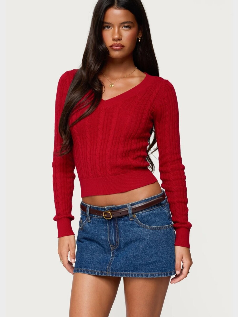 NWT Edikted Ashlee V Red Cable V-Neck Sweater